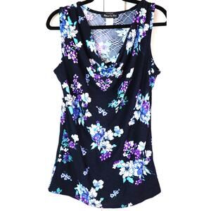 Vintage 90s Y2K American City Wear Floral Tank Cowl Neck Blue Purple Large